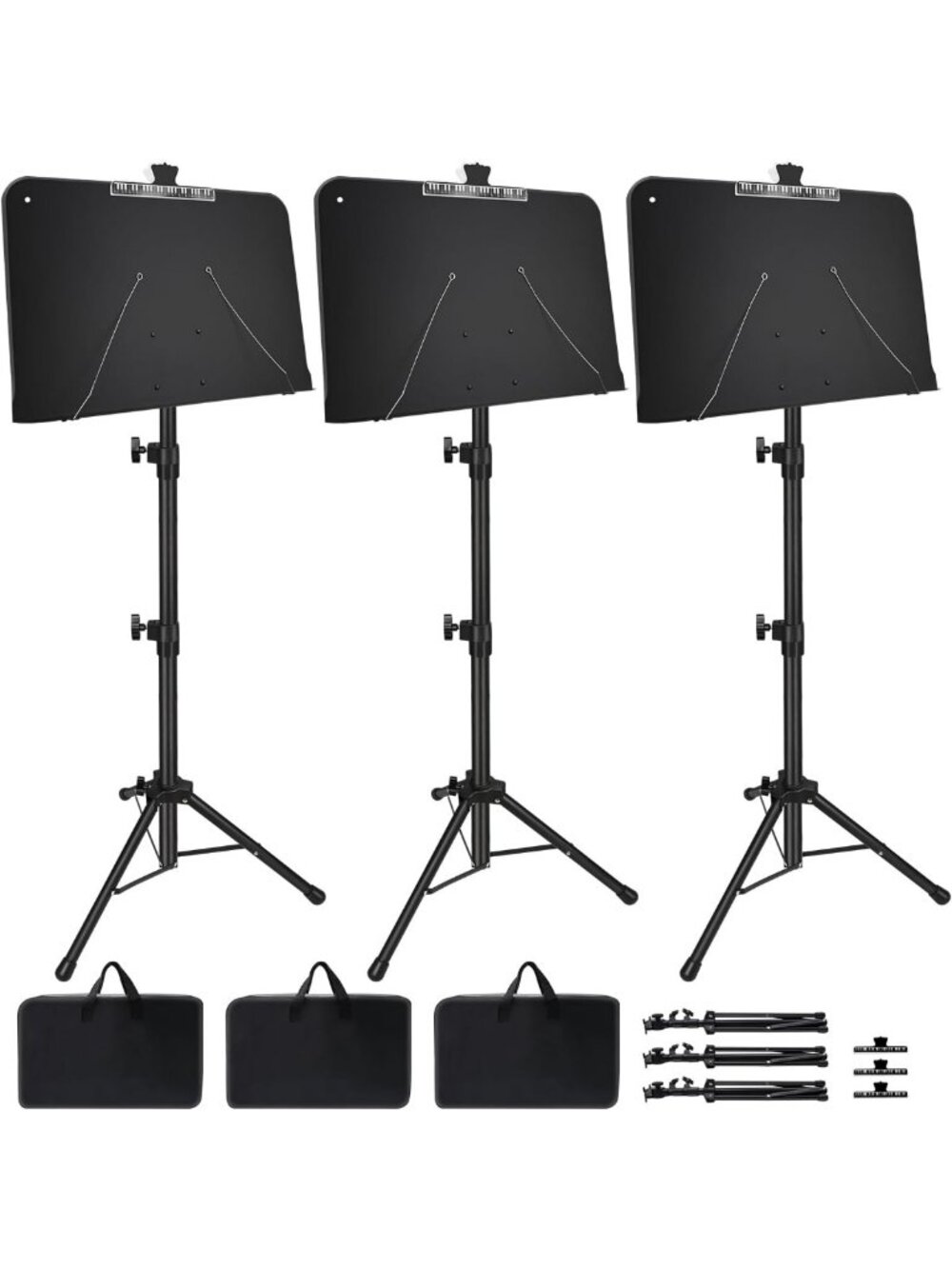 3 Pack Adjustable Music Stands with Carry Bag & Clip Holder - Perfect for